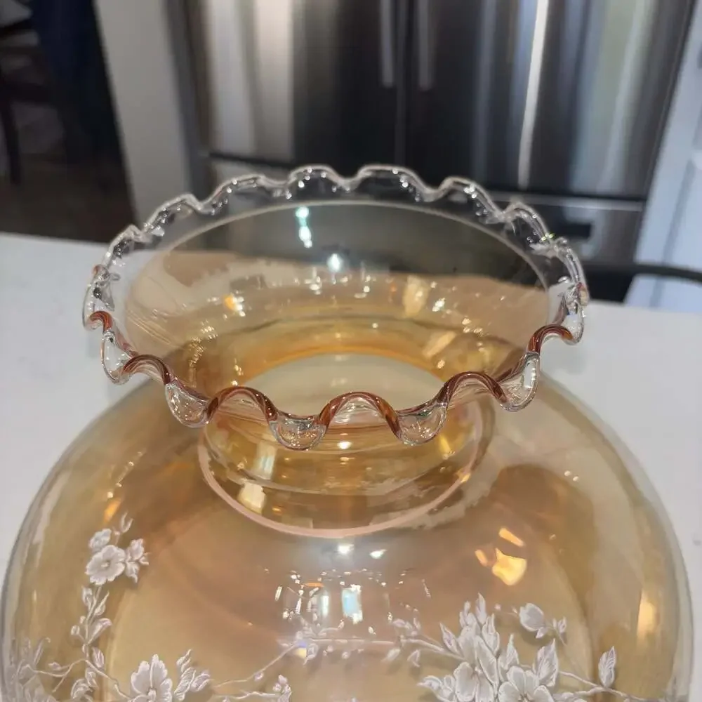 Vintage Hurricane Ruffled Iridescent Amber Glass Shade White Floral 9.5” Fitter
